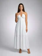 Oriane Halter V Neck Tiered Maxi Dress in White