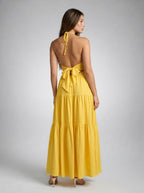 Oriane Halter V Neck Tiered Maxi Dress in Yellow