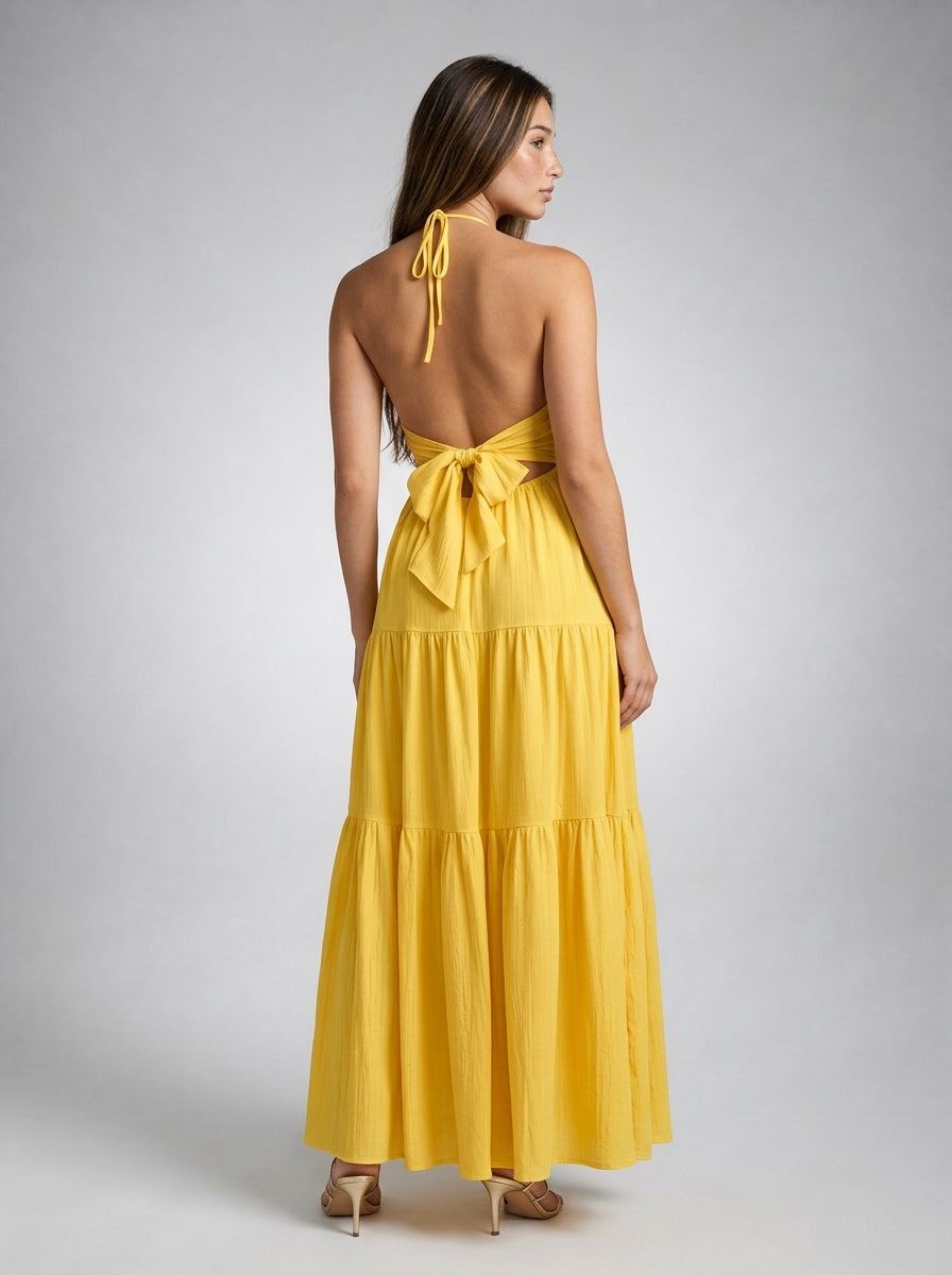 Oriane Halter V Neck Tiered Maxi Dress in Yellow