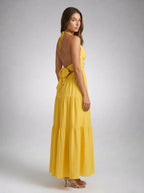 Oriane Halter V Neck Tiered Maxi Dress in Yellow