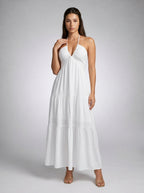 Oriane Halter V Neck Tiered Maxi Dress in White