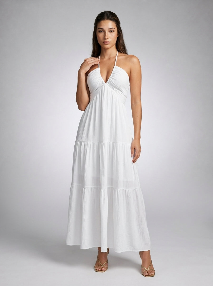 Oriane Halter V Neck Tiered Maxi Dress in White