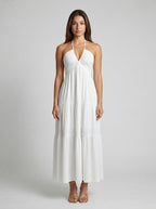 Oriane Halter V Neck Tiered Maxi Dress in White