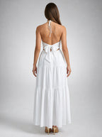 Oriane Halter V Neck Tiered Maxi Dress in White