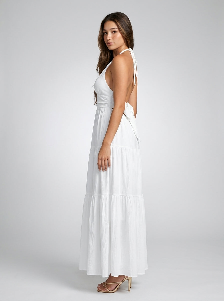 Oriane Halter V Neck Tiered Maxi Dress in White