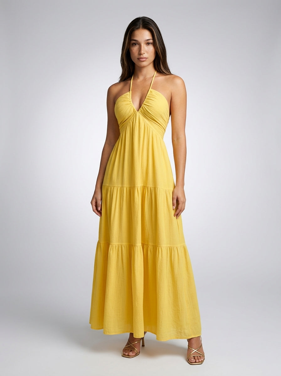 Oriane Halter V Neck Tiered Maxi Dress in Yellow