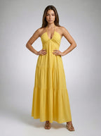Oriane Halter V Neck Tiered Maxi Dress in Yellow