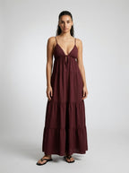 Coralie V Neck Spaghetti Strap Tiered Maxi Dress in Burgundy