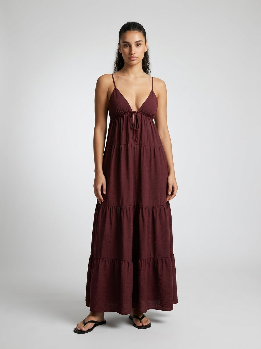 Coralie V Neck Spaghetti Strap Tiered Maxi Dress in Burgundy