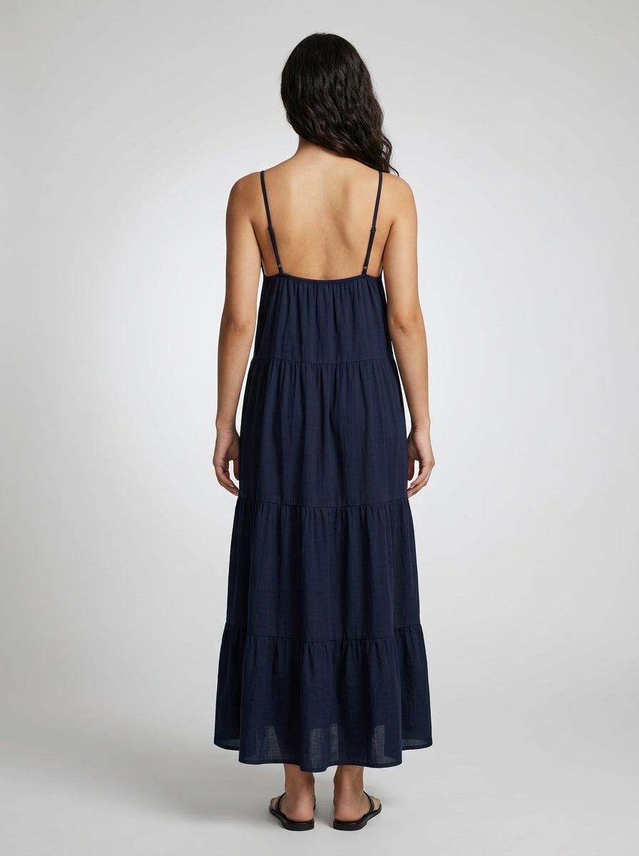 Coralie V Neck Spaghetti Strap Tiered Maxi Dress in Navy