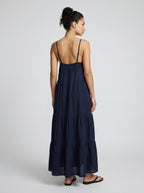 Coralie V Neck Spaghetti Strap Tiered Maxi Dress in Navy