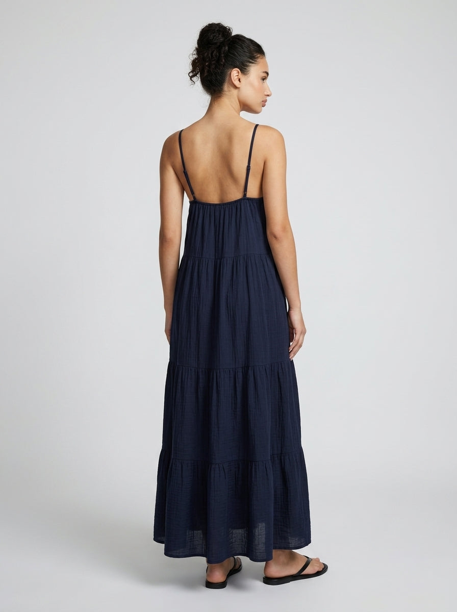 Coralie V Neck Spaghetti Strap Tiered Maxi Dress in Navy