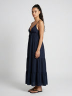 Coralie V Neck Spaghetti Strap Tiered Maxi Dress in Navy