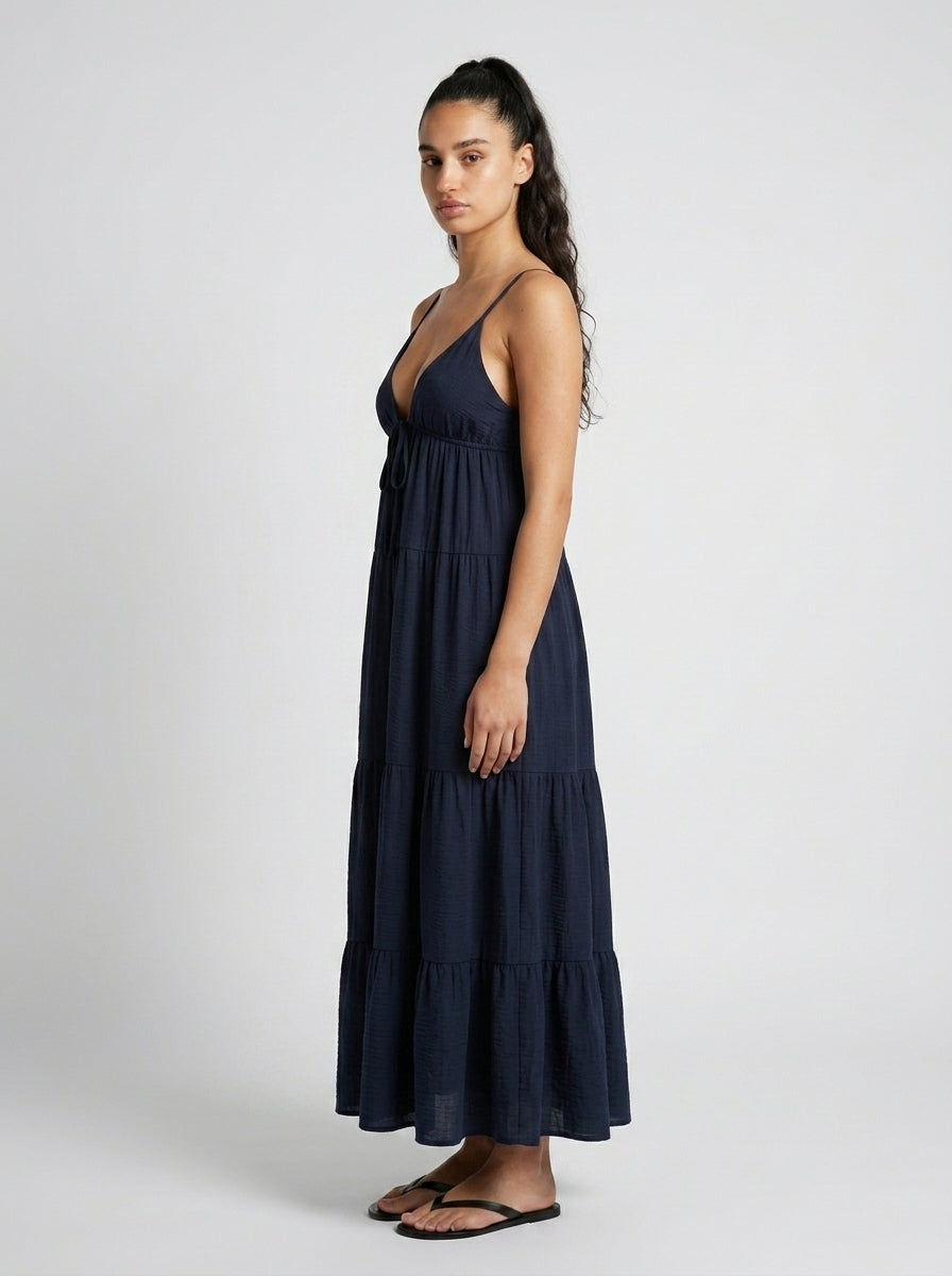 Coralie V Neck Spaghetti Strap Tiered Maxi Dress in Navy