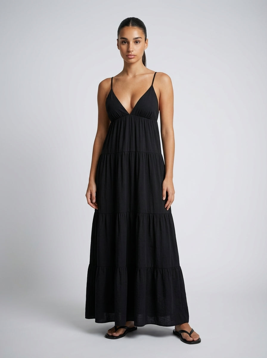 Coralie V Neck Spaghetti Strap Tiered Maxi Dress in Black