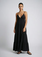 Coralie V Neck Spaghetti Strap Tiered Maxi Dress in Black
