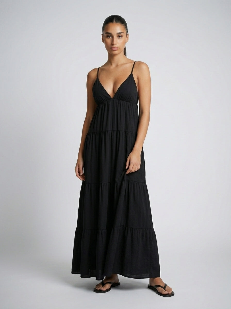 Coralie V Neck Spaghetti Strap Tiered Maxi Dress in Black
