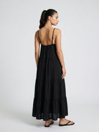 Coralie V Neck Spaghetti Strap Tiered Maxi Dress in Black