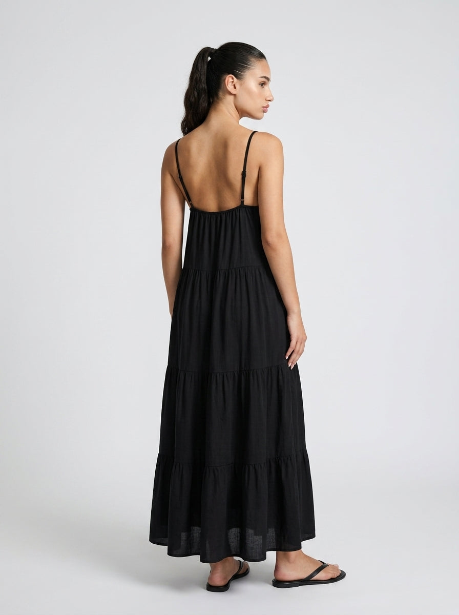 Coralie V Neck Spaghetti Strap Tiered Maxi Dress in Black
