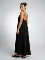 Coralie V Neck Spaghetti Strap Tiered Maxi Dress in Black