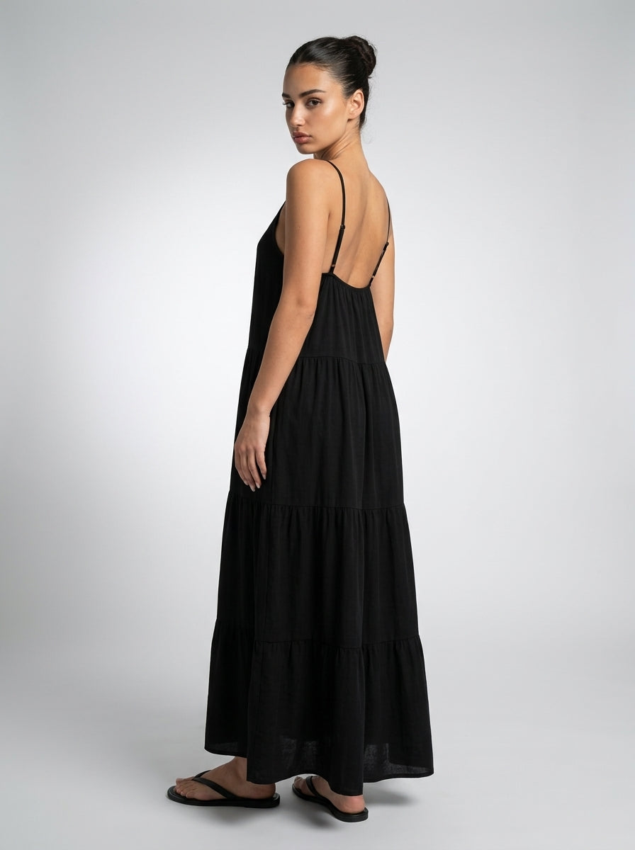 Coralie V Neck Spaghetti Strap Tiered Maxi Dress in Black