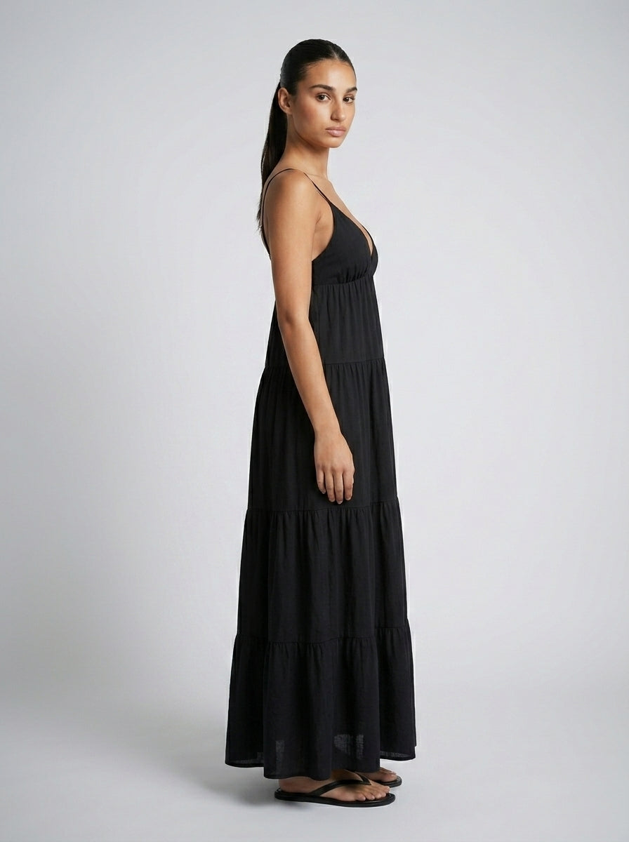 Coralie V Neck Spaghetti Strap Tiered Maxi Dress in Black