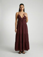 Coralie V Neck Spaghetti Strap Tiered Maxi Dress in Burgundy