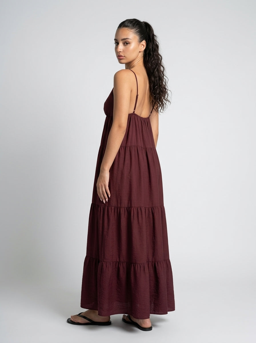 Coralie V Neck Spaghetti Strap Tiered Maxi Dress in Burgundy