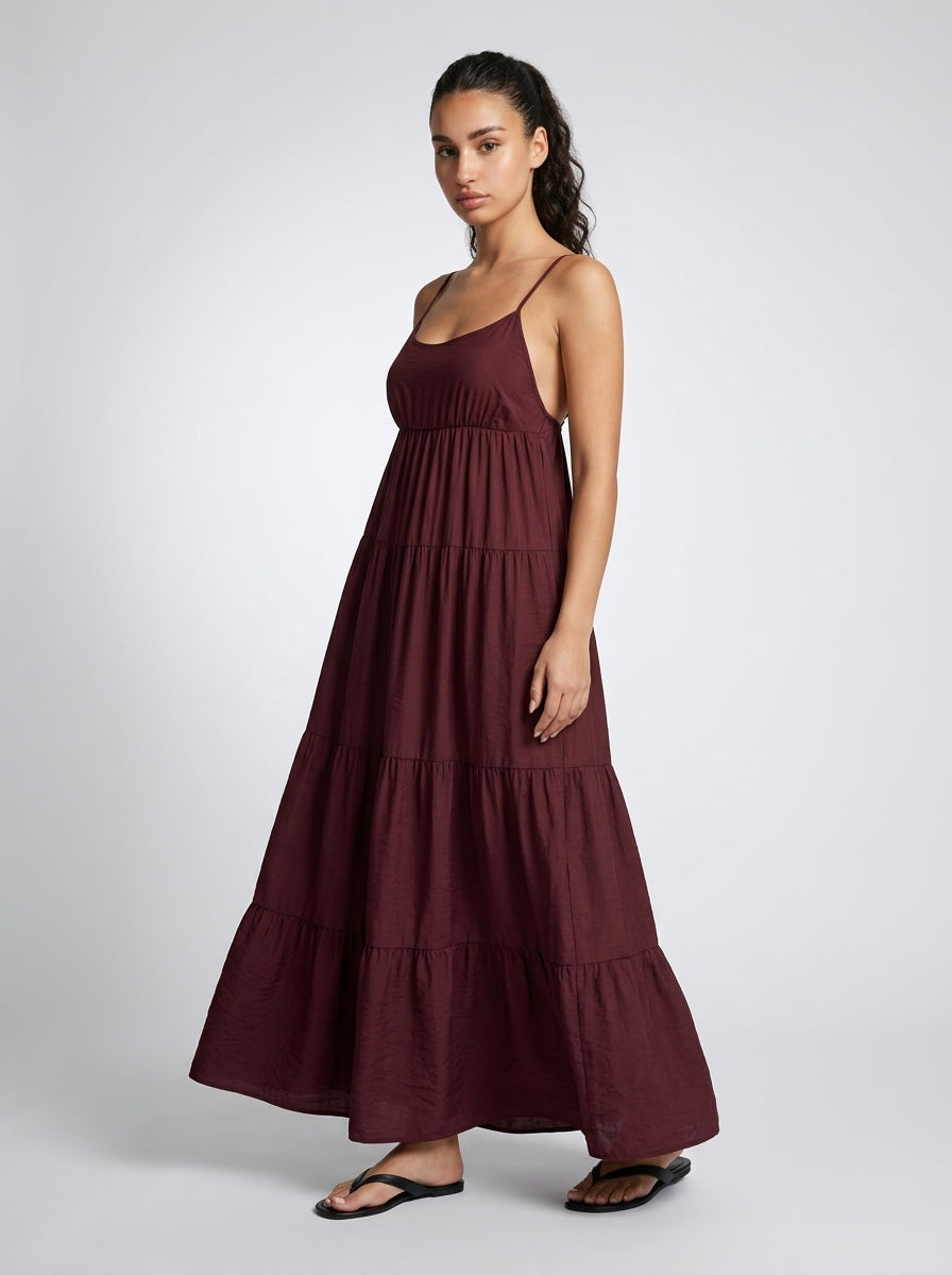 Coralie V Neck Spaghetti Strap Tiered Maxi Dress in Burgundy