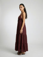 Coralie V Neck Spaghetti Strap Tiered Maxi Dress in Burgundy