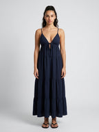 Coralie V Neck Spaghetti Strap Tiered Maxi Dress in Navy