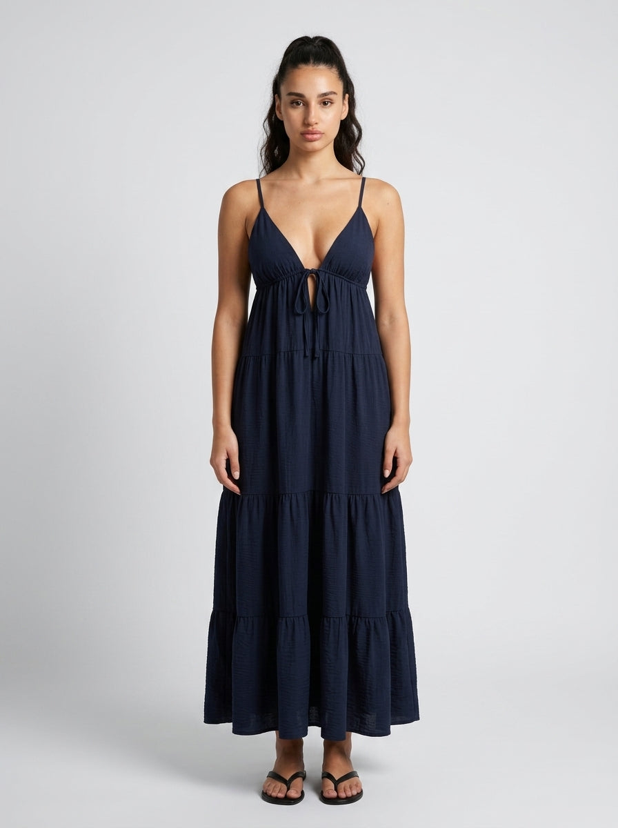 Coralie V Neck Spaghetti Strap Tiered Maxi Dress in Navy