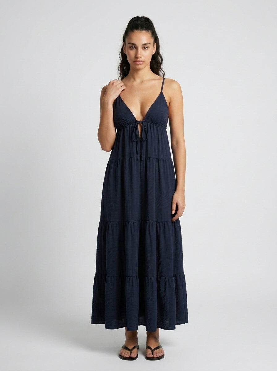 Coralie V Neck Spaghetti Strap Tiered Maxi Dress in Navy