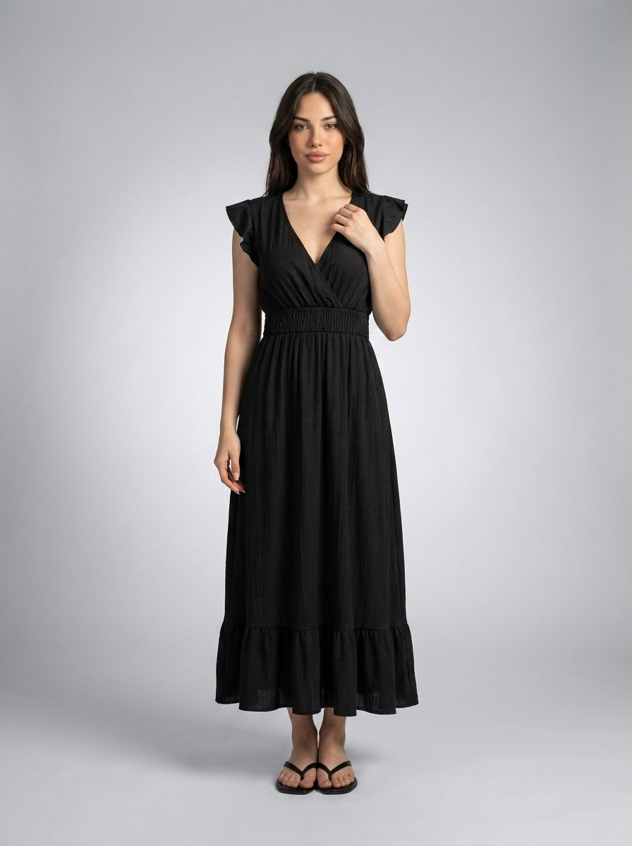 Aurore V Neck Ruffle Cap Sleeve Tiered Midi Dress in Black