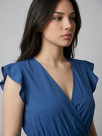 Aurore V Neck Ruffle Cap Sleeve Tiered Midi Dress in Blue