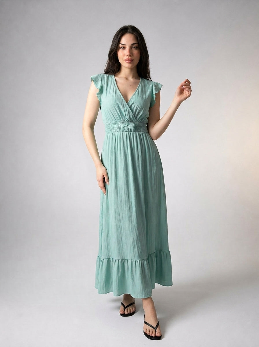 Aurore V Neck Ruffle Cap Sleeve Tiered Midi Dress in Sage