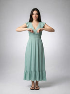 Aurore V Neck Ruffle Cap Sleeve Tiered Midi Dress in Sage
