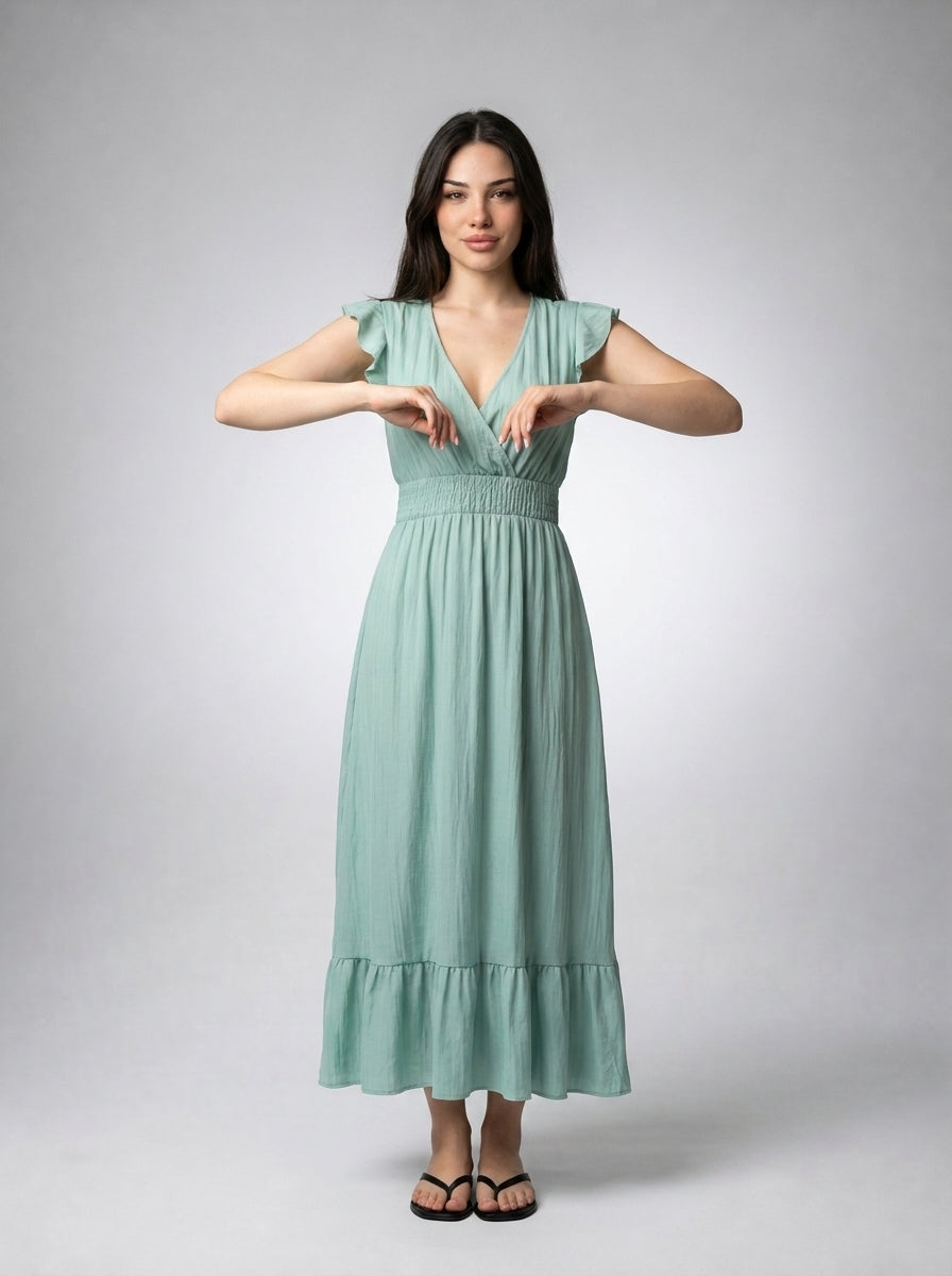 Aurore V Neck Ruffle Cap Sleeve Tiered Midi Dress in Sage