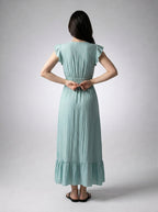 Aurore V Neck Ruffle Cap Sleeve Tiered Midi Dress in Sage