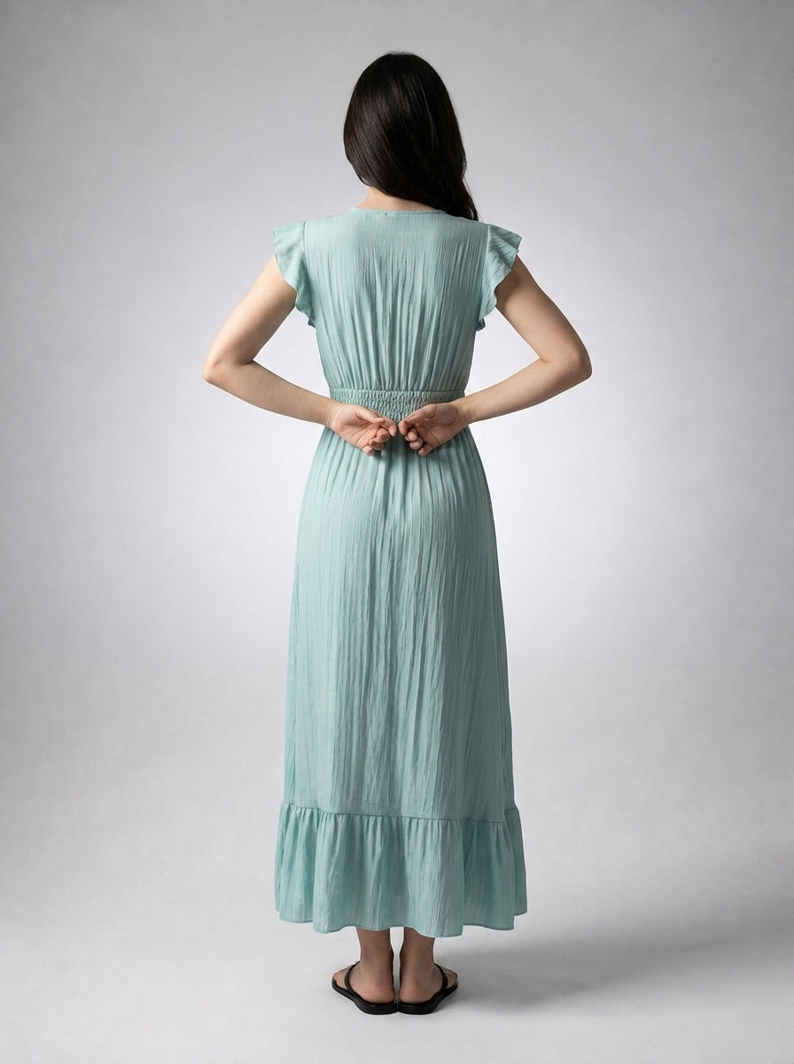 Aurore V Neck Ruffle Cap Sleeve Tiered Midi Dress in Sage