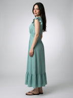 Aurore V Neck Ruffle Cap Sleeve Tiered Midi Dress in Sage