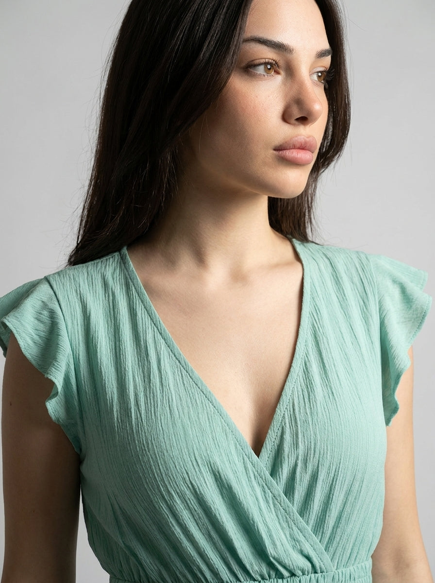 Aurore V Neck Ruffle Cap Sleeve Tiered Midi Dress in Sage