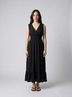 Aurore V Neck Ruffle Cap Sleeve Tiered Midi Dress in Black