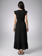 Aurore V Neck Ruffle Cap Sleeve Tiered Midi Dress in Black
