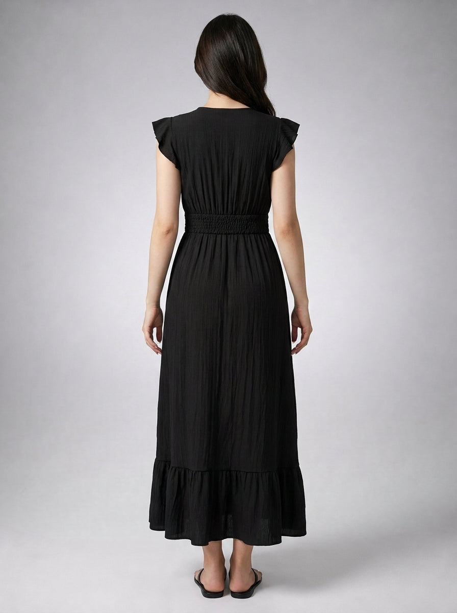 Aurore V Neck Ruffle Cap Sleeve Tiered Midi Dress in Black