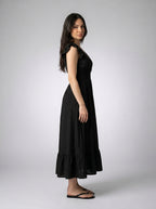 Aurore V Neck Ruffle Cap Sleeve Tiered Midi Dress in Black
