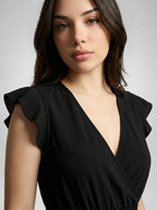 Aurore V Neck Ruffle Cap Sleeve Tiered Midi Dress in Black