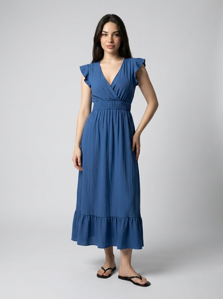 Aurore V Neck Ruffle Cap Sleeve Tiered Midi Dress in Blue