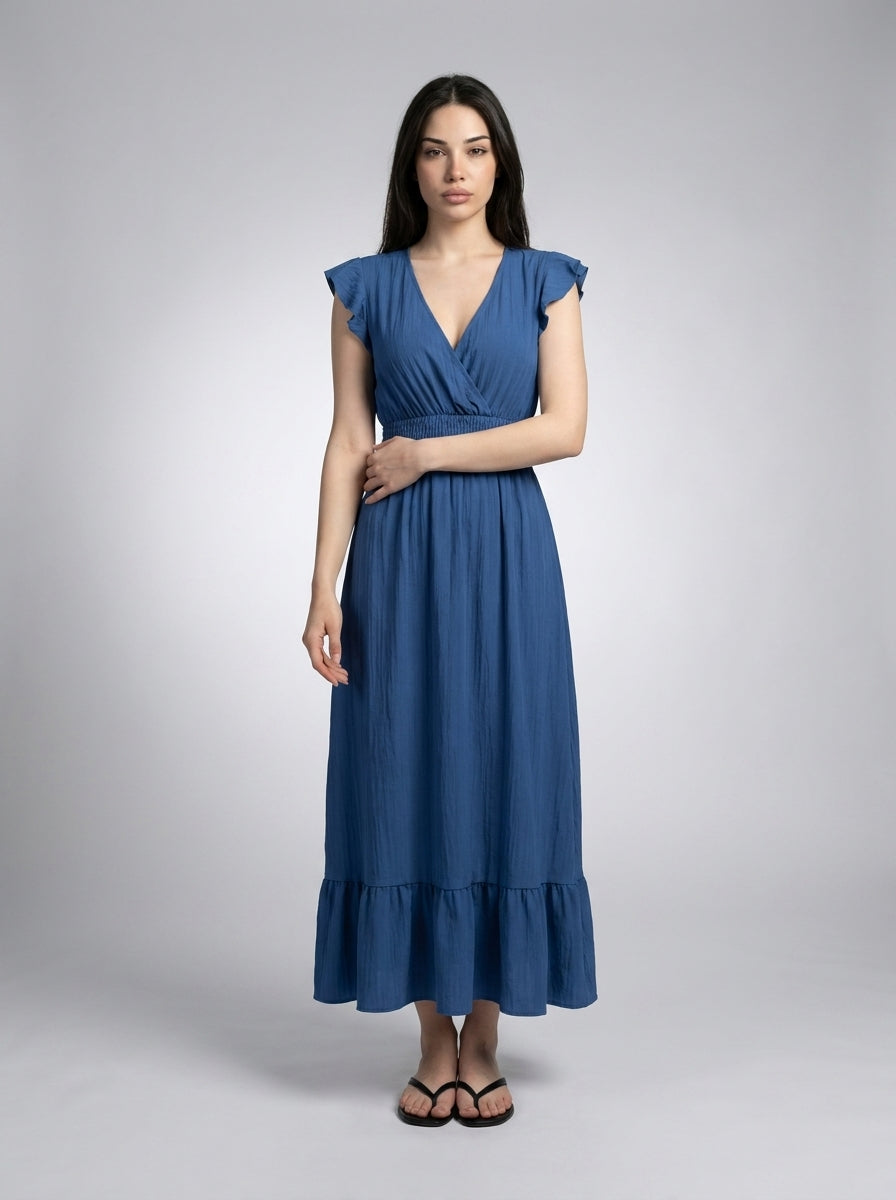 Aurore V Neck Ruffle Cap Sleeve Tiered Midi Dress in Blue