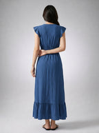 Aurore V Neck Ruffle Cap Sleeve Tiered Midi Dress in Blue